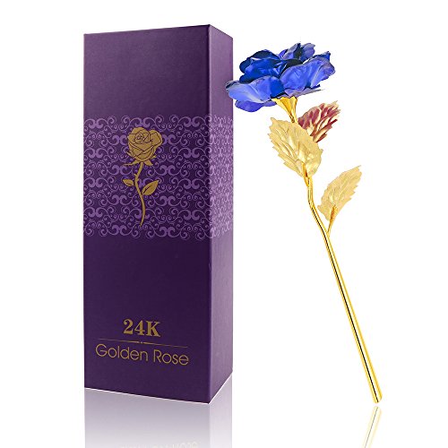 Rosa 24 K Chapado en Oro Rosa Flor con Caja de Regalo Mejor Regalo para el día de San Valentín Día de la Madre Navidad cumpleaños Dorado/Rojo/Morado/Azul (Azul) Cover