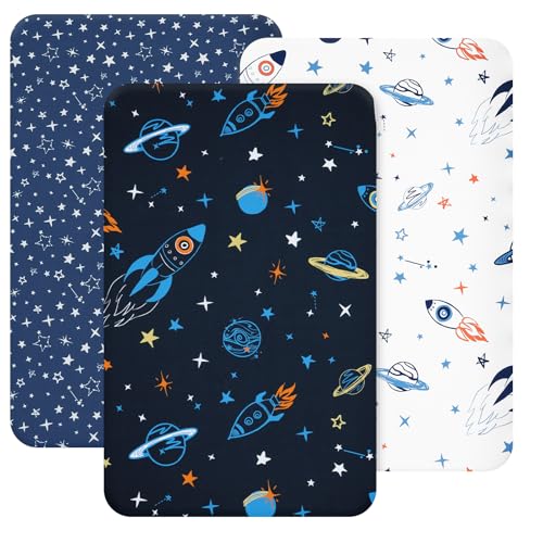 Image of david's kids 3 Pack Mini Crib Sheets, Soft Breathable Premium Pack N Play Sheets for Baby Boys Girls Neutral, Playard and Mini Crib Mattresses, Space