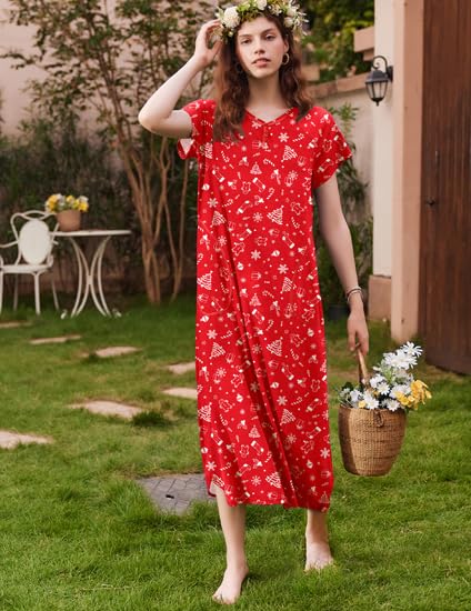 Image of Ekouaer Long Nightgown Women's Loungewear Short Sleeve Sleepwear Full Length Sleep Shirt with Pockets