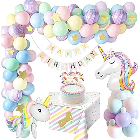 Unicorn Birthday Decorations Girl, Pastel Unicorn Party Decoration Balloon with Happy Birthday Banner, Unicorn Party Table Cover, Huge 3D Unicorn Balloon for Girls Birthday Decorations Set Recycled Cover
