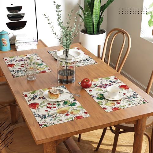 Image of Encasa XO Boho Jacquard Woven Dining Table Placemats, Vintage Fruit | Tapestry Style | Machine Washable | Stain & Heat Resistant | Non-Fading Non-Shrink Fabric | Set of 4