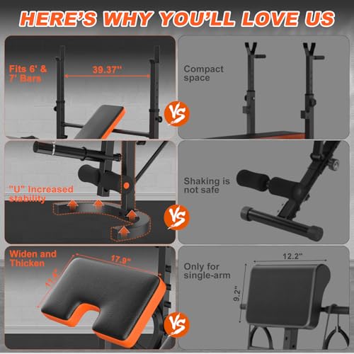 Image of Fostoy 9-in-1 Adjustable Olympic Weight Bench with Lat Pulldown, Row, Squat Rack & Leg Curl - Multi-Function Strength Training Bench Press for Home Gym Full Body Workout