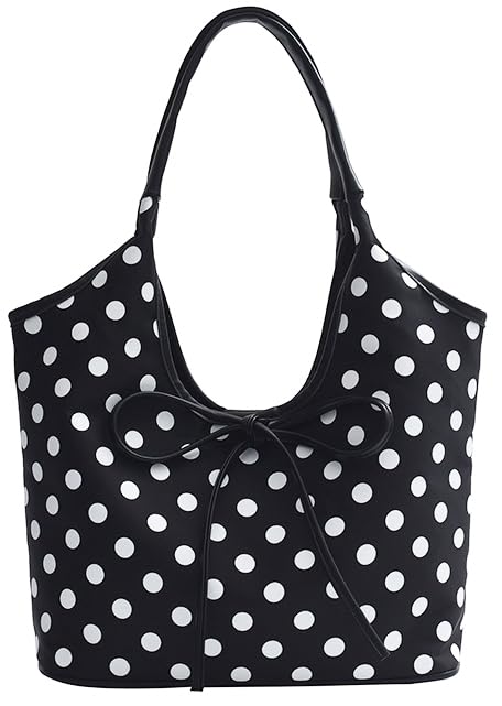 Polka Dot Hobo Bag for Women Bow Tie Canvas Handbags Shoulder Purse Large Satchel for Travel Work