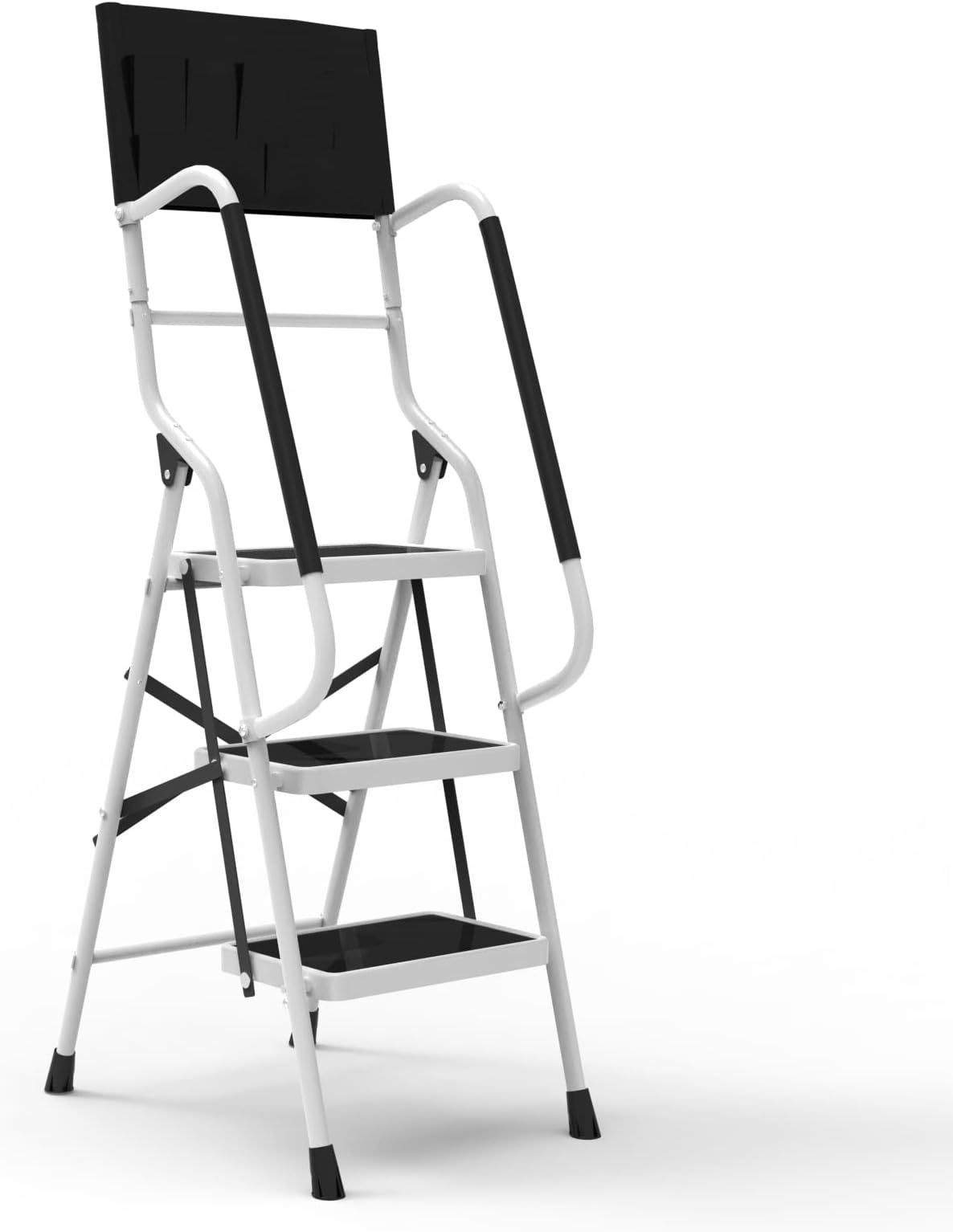 Usinso 3 Step Ladder Tool Ladder Folding Portable Steel Frame MAX 500 lbs Non-Slip Side armrests Large Area Pedals Detachable ToolBag Suitable for Home Office Engineering White