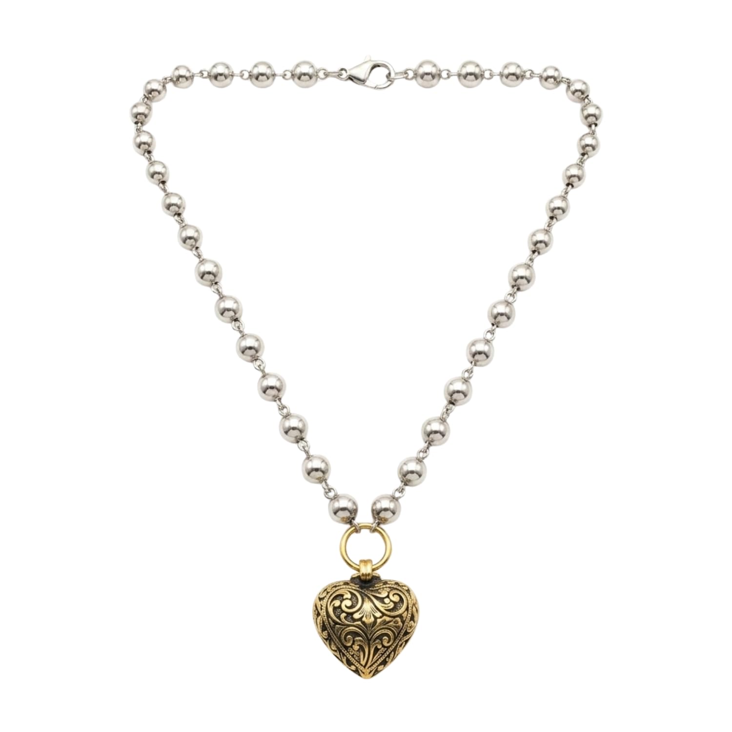 czardonic Oxidized Gold Heart Pendant Necklace Silver Plated Metallic Bead Chain Choker Jewelry Two-Tone Love Heart Neckpiece-picture-12