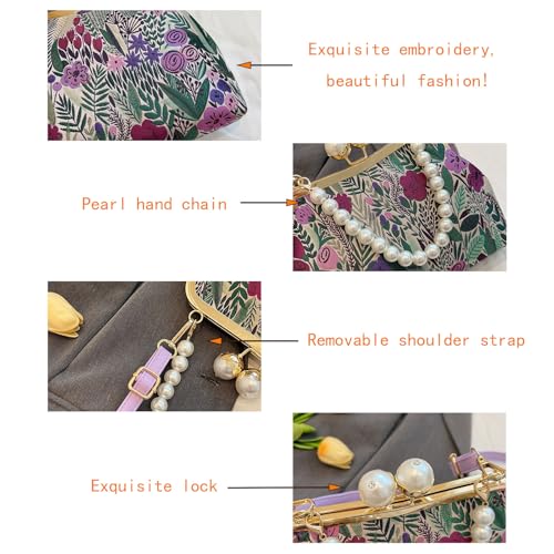 Vintage Floral Embroidery Handbag， Pearl Chain Crossbody Bag Kiss Lock Purse Evening Bag for Women4