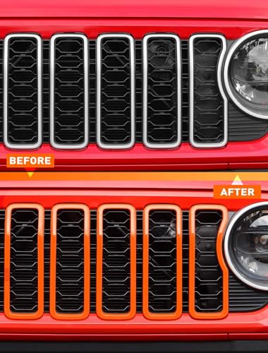 Image of Savadicar Front Grill Inserts for 2024+ Jeep Wrangler JL JLU 4XE & Gladiator JT - Elevate Your Wrangler's Aesthetics with Front Grille Cover Guard, Exterior Trim Accessories, 7 PCs, Orange