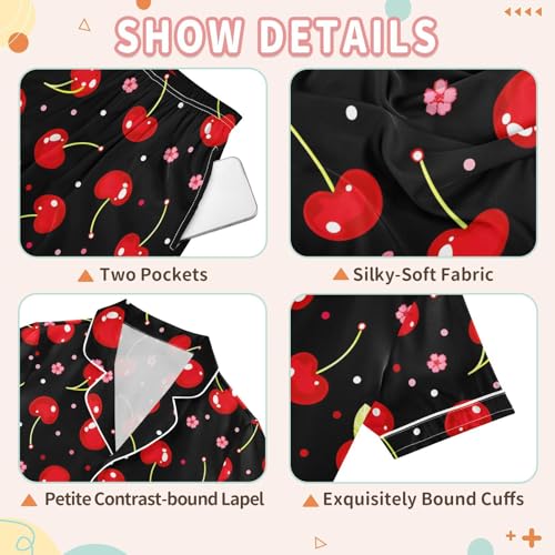 Cherry Flower Polka Dots Black Summer Pajamas Set Soft Satin Pjs Sets 2 Piece Short Sleeve Sleepwear Casual Clothes3