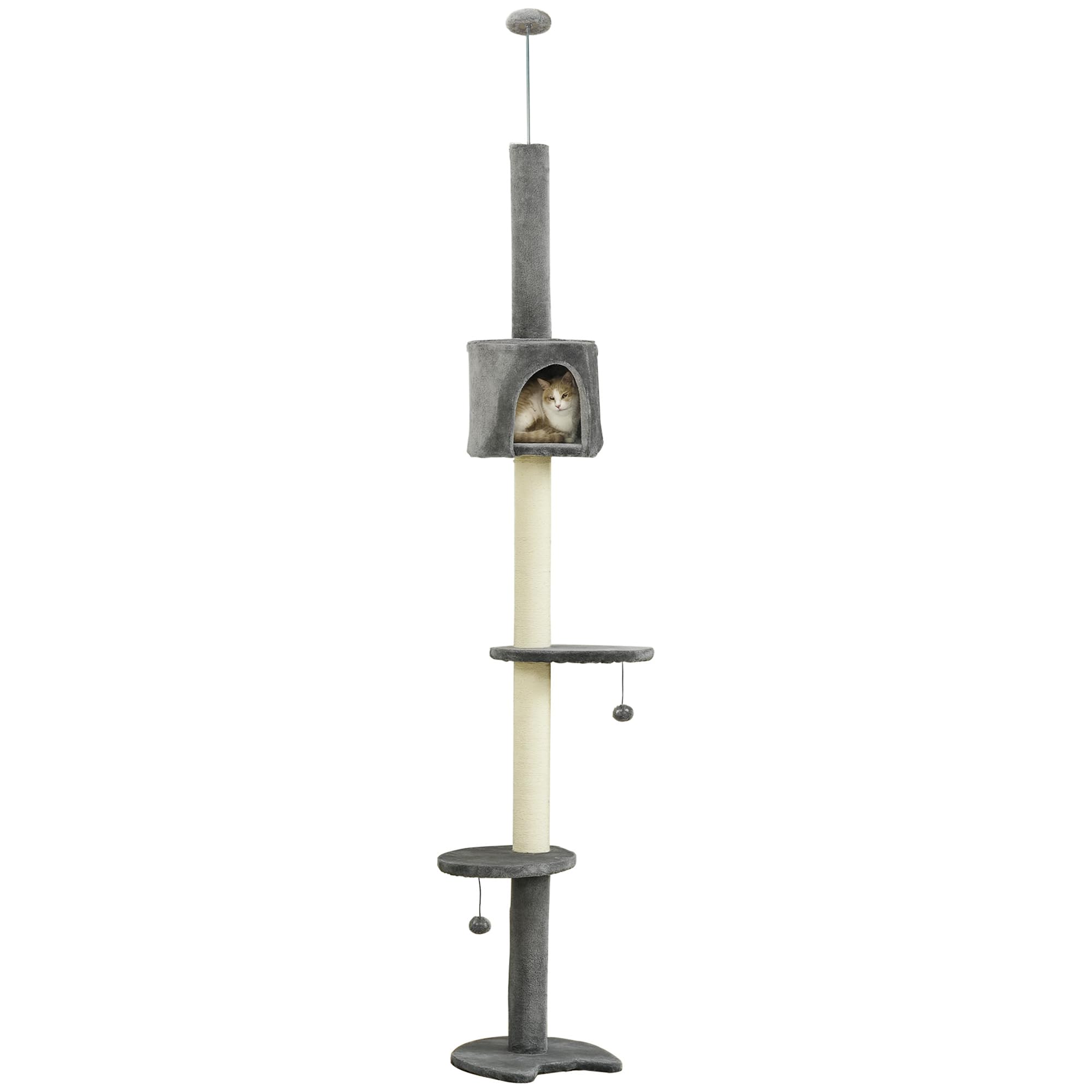 PawHut Floor to Ceiling Cat Tree with Condo Scratching Post, Light Grey