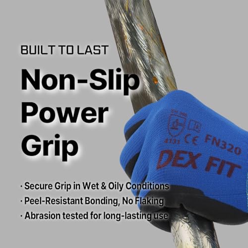 Image of DEX FIT Nitrile Work Gloves FN320, 3D Comfort Stretch Fit, Power Grip, Durable Foam Coated, Thin & Lightweight Premium Nylon, Machine Washable, Blue 6 (XS) 3 Pairs