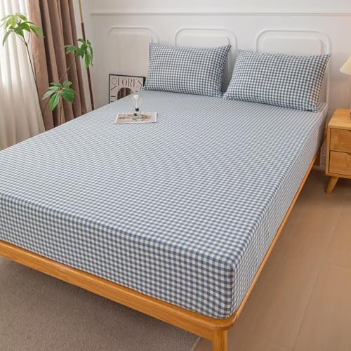 Image of Mucalis Light Blue Gingham Fitted Sheet Queen Only Deep Pocket 16 Inch 100% Washed Cotton White Plaid Checkered Bottom Sheet,Soft,Breathable,Easy Care