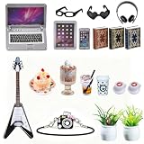 Lot de 21 accessoires miniatures pour maison de poupée, ordinateur portable, téléphone, maison de poupée, décoration de salon, appareil photo, instrument de guitare pour maison de poupée, accessoires