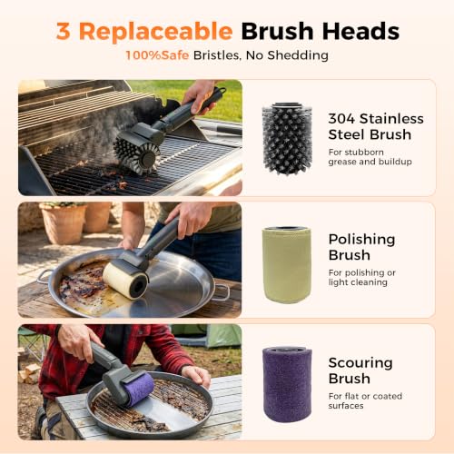 Image of Electric Grill Brush for Outdoor, Cordless BBQ Cleaner with Triple-Lock Stainless Steel Bristles, 150 Min Runtime, 3 Speeds, 3 Brush Heads, Adjustable Angle Rotary Brush for Family BBQs & All Grills