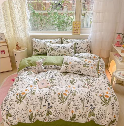 Image of KAREVER Botanical Comforter Set King White and Sage Green Floral Plant Bedding Set Women Reversible Blanket 3 PCs Girls Breathable White Floral Bed Comforter Set