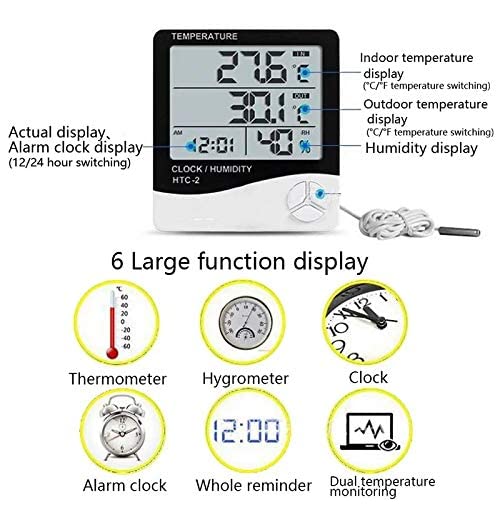 UREC-Digital Thermometer and Hygrometer : Indoor Temperature and Humidity Monitor with LCD Display and Built-in Clock for Home, Office, and Greenhouse Monitoring. (Model No. HTC-2) 2