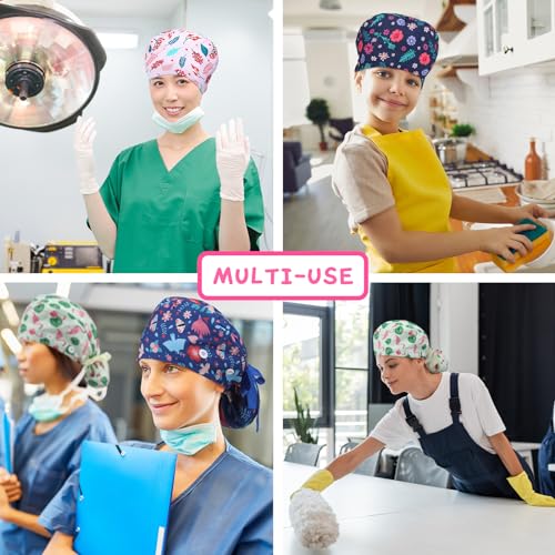Image of 6 Pcs Scrub Caps for Women Doctor Nursing Hats with Buttons Adjustable Tie Back Working Cap Bouffant Scrub Hats for Women Men