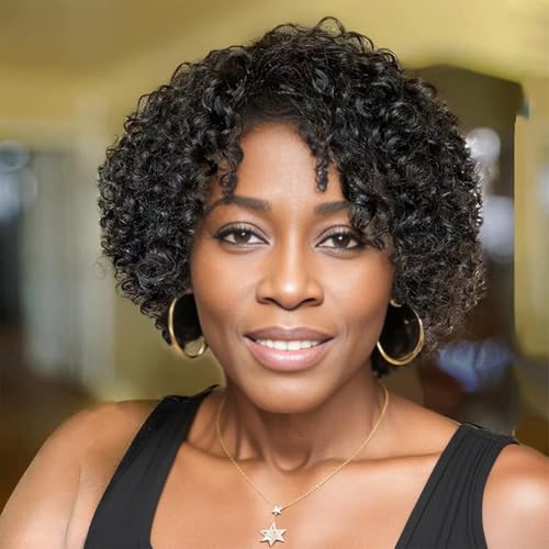 Velicoo Short Curly Wigs for Black Women Machine Made Glueless Wig 100% Brazilian Human Hair Wigs for Older Women Natural Color Daily Wig