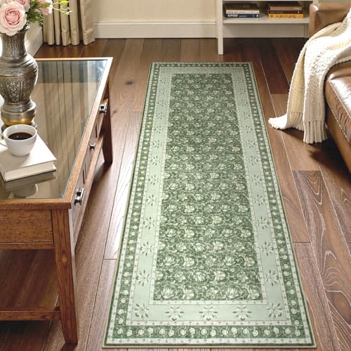 Image of Lahome Green Washable Runner Rug, Low Plie Soft 2x6 Runner Rug Non Slip Kitchen Runner, Vintage Floral Carpet Runners for Bedroom Entryway Bathroom (2'x6', Green)
