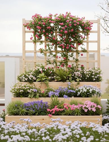 3-Tier Raised Garden Bed with Trellis, Wooden Vertical Planters Bed with Open-Ended Base for Climbing Plants Vines Flower Herb Vegetable Fruit,Outdoor Planter Boxes for Patio Yard Lawn