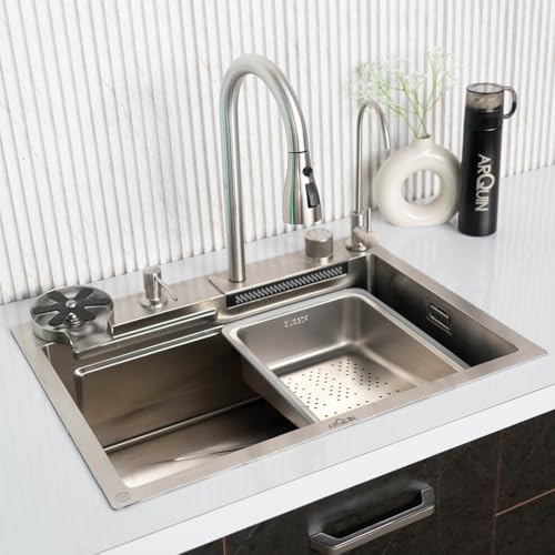 Image of ARQUIN Kitchen Sink 24 inchx18 inchx9 inchInch Waterfall Kitchen Sink Silver Original 304 Grade Stainless Steel ANTI SCRATCH Silver Matt Finish DESIGN Integrated Pull-down Faucet with Cup washer