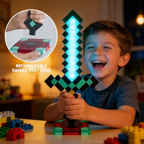 Craft Diamantschwert Licht 7 Farben, Wiederaufladbare Lichtschwert für Kinder, Miner Game Schwert mit Abnehmbarer Basis 2 in 1 Sword LED Lichter für Kinder Geschenke,Cosplay, Zimmer & Party-Dekoration
