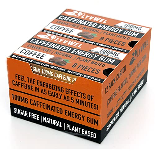 Image of LyvWel Energy Gum | 100mg Caffeine per gem | All Natural | Sugar-Free Pre-Workout Boost: Your Essential Energy Supplement to Stay Awake- Carton 12 pack (Coffee-12 Pack)