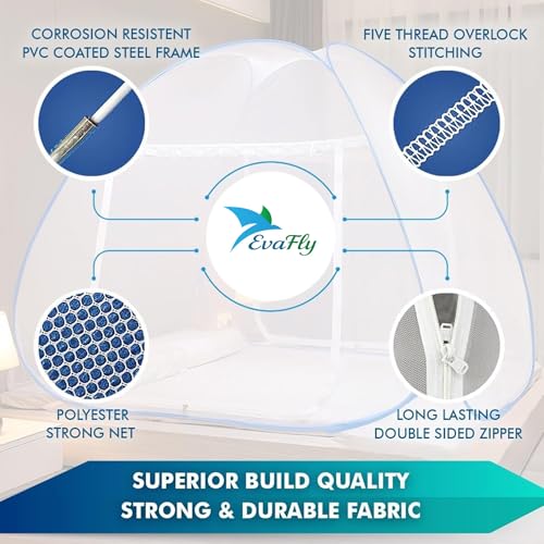 Image of Evafly Mosquito Net for King Size Bed | Premium Polyester Mesh | Foldable Pop-Up Bed Net | Fine Mesh with 30 Pairs of Glow Stars | Protection Against Mosquitoes & Insects | Easy Setup, Washable | Blue