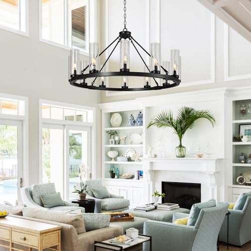 Image of 12 Light Black Chandelier Wagon Wheel Chandelier with Clear Glass Shade Round Industrial Pendant Lighting Fixture for Stair Living Room Foyer Kitchen