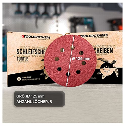 Toolbrothers TURTLE Zestaw szlifierski premium 125 mm lub 150 mm, na rzep 8 otworów P40 / P60 / P80 / P120 / P180 / 240 do twardego drewna, miękkiego drewna, lakieru, kamienia, stali, aluminium, forniru (4 x zestaw tarcz szlifierskich 125 mm)