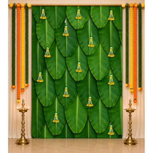 Image of Sri Yagnaa - Backdrop Cloth for Pooja Decoration Traditional - M 12 - Background Curtain Cloth for Festival Decoration (5x8 Ft) (Banana Leaf with Yellow Flowers Backdrop)
