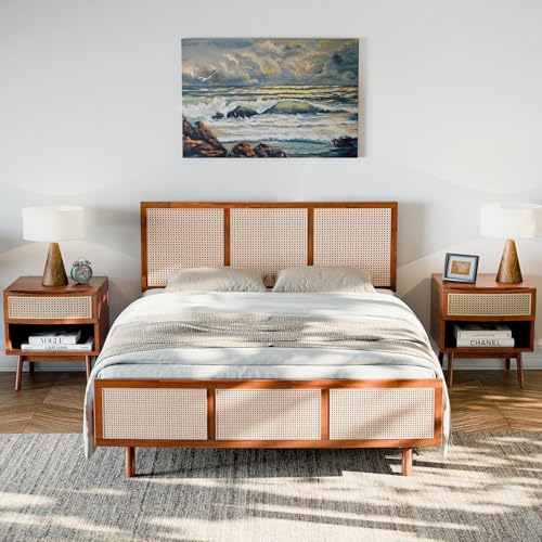 Image of Bme Nancy Signature Bed Frame, Queen Bed Frame and Headboard Unique Geometric, Mid Century Modern, Solid Acacia Wood, No Box Spring Needed, 12 Strong Wood Slats Support, Easy Assembly, Dark Chocolate