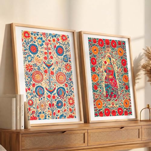 Image of kotart Premium Madhubani Folk Art Wall Art Set of 2 | Traditional Indian Woman & Floral Pattern Painting | MDF Wooden Framed Home Decor (3, 14x20 Inch)