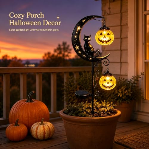 Solar Halloween Black Cat & Pumpkin Moon Garden Stake Light, Metal Crescent Moon & Pumpkin Lantern, Outdoor Waterproof LED Yard Decoration with Crescent Moon, for Patio Lawn Path Yard (B #) - image 8