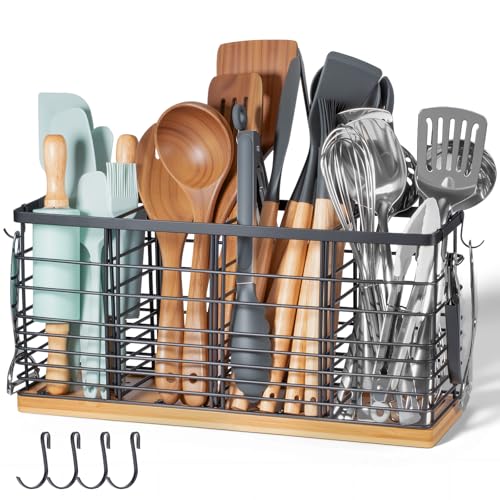 Nigelia 510 Ft³ Metal Extra Large Kitchen Utensil Holder with Wooden Base, 4 Compartments Organizer for Kitchen Countertop Matte Black Holder with 4 Hooks for Cooking Utensils & Tools Storage