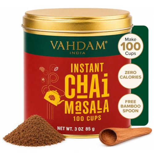 Image of VAHDAM Instant Chai Tea (3oz /85g) - Traditional Masala Chai | Makes 100 Cups | Natural Spices, Zero Calories | Instant Indian Tea - No Steeping | Unsweetened Tea Powder | Free Bamboo Spoon Inside