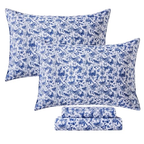 Image of FADFAY Blue Toile Sheets Set Cal King French Country Farmhouse Bedding Vintage Butterfly Floral Bedding 100% Egyptian Cotton Soft Sheet Set with Deep Pocket Fitted Sheet 4Pcs, California King Size