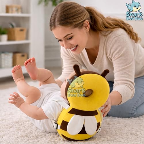 Image of Shark Doo Doo Baby Head Protector Cushion for 6-24 Months | Soft Plush Safety Backpack for Toddlers | Adjustable Straps, Anti-Fall Pillow for Infants (Yellow Bee)