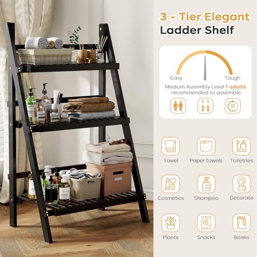 Image of oakvivo 39.4 inch Foldable Plant Shelf Ladder Shelf, 3 Tier Bamboo Ladder Flower Pot Display Shelf, Freestanding Ladder Bookshelf for Garden, Balcony, Yard, Living Room, 23.6 inch W x 15 inch D x 39.4 inch H, Black