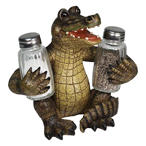 Rivers Edge Products Salt and Pepper Shakers Set, Unique Poly Resin and Glass Spice Dispenser, Novelty Kitchen Counter Decor, Alligator