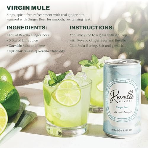 Image of Revello Mixers Ginger Beer - Mixer Infused with Electrolytes, Antioxidants, Vitamins & Minerals - Low Sugar & Calories - Premium Beverage for Crafted Cocktails & Mocktails - 8 fl oz (Pack of 4)