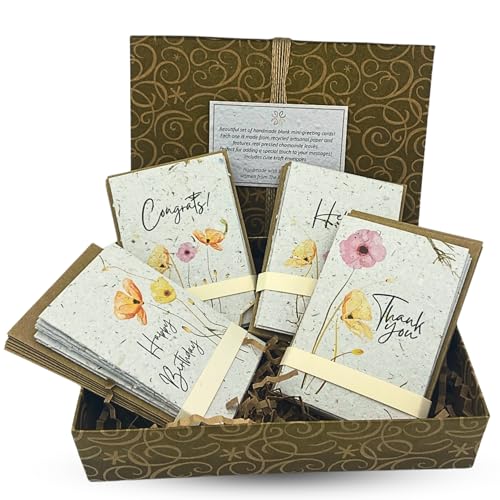 Image of Handmade Mini Cards with Real Oregano Leaves,2.5 in x 3.7 in Closed,Pack of 24, Recycled Paper, Kraft Envelopes, Watercolor Prints, Blank Inside, Eco-Friendly, WHITE