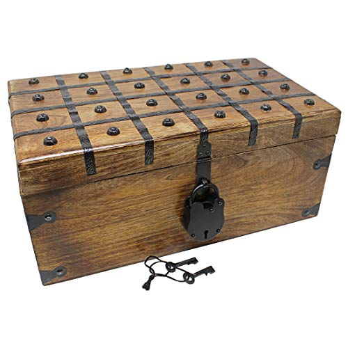 Nautical Cove Treasure Chest Wooden Box with Antique Iron Lock and Skeleton Key - Storage and Decor (X-Large 17 x 10 x 7.5)