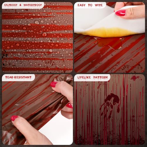 Image of Kochorie 100 Ft x 54 Inch Halloween Bloody Party Tablecloth Roll with Cutter Box Waterproof Plastic Horror Bloody Zombie Table Cover for Halloween Spooky Party Decorations, Gray