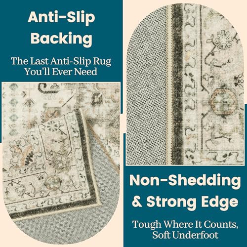 Madane 3x12 Hallway Runner Rug - Non Slip Washable 12ft Runner for Hallways Soft Vintage Kitchen Rugs Low-Pile Carpet Runner for Entryway Bathroom Thin Floor Mat for Bedroom Dining Room, Ivory/Brown