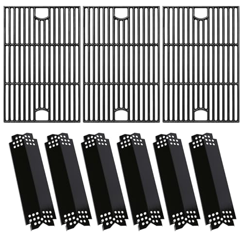 Hisencn Grill Parts for Nexgrill 6 Burner 720-0896X 720-0898 720-0898A 730-0898 730-0898A Gas Grill Models Porcelain Steel Heat Plate Flame Tamer Cast Iron Grill Grates 17 x 33 3/8
