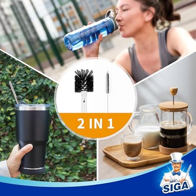 MR.SIGA Water Bottle Brush and Straw Cleaner Brush, Long Handle Bottle Cleaner Brush, 2 in 1 Bottle Cleaning Brush for Sports Bottles, Baby Bottles, Mugs, Straws