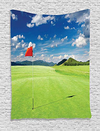 Ambesonne Sports Tapestry, Golf Field Flag in The Hole Clouds Sky Summertime Golfing