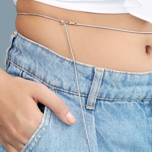 Image of ZAVYA 925 Silver Minimal Rhodium Plated Snake Chain Sliding Waist Chain | Gift for her, Gifts for Women & Girls | With Certificate of Authenticity and 925 Stamp