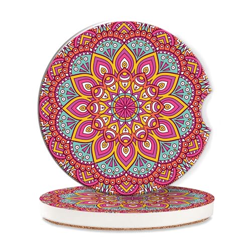 Boho Mandala Car Coasters for Women 2 Pack,Vintage Flower Ottoman Absorbent Car Coasters for Cup Holders Insert Ceramic Anti Slip with Finger Notch & Cork Base Auto Accessories Gifts