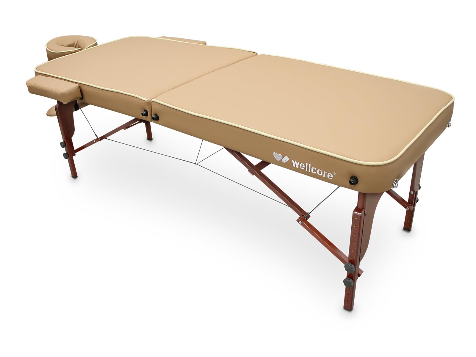 QUIRUMED Camilla Plegable de Madera WELLCORE para Masaje y SPA, Color Arena, 185 x 70 cm, Altura Regulable, con Cabezal, Reposabrazos y Bolsa de Transporte, Camilla Portátil Profesional